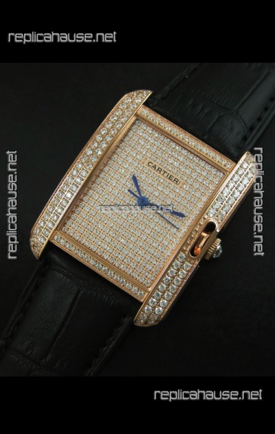 Cartier Tank Anglaise Ladies Replica Watch in Gold Case/Black Strap