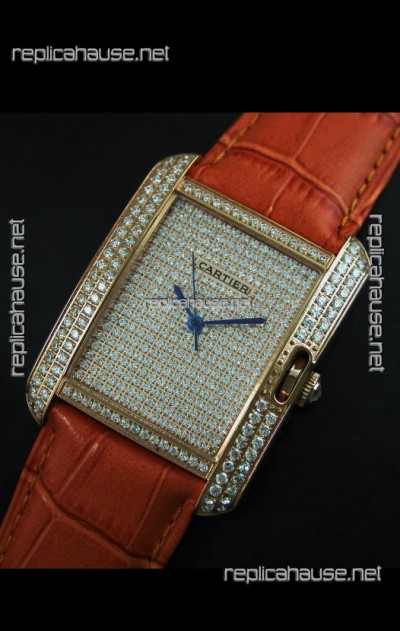 Cartier Tank Anglaise Ladies Replica Watch in Gold Case/Brown Strap