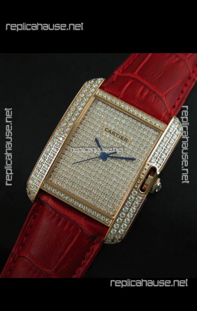 Cartier Tank Anglaise Ladies Replica Watch in Gold Case/Red Strap