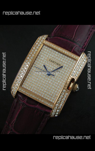 Cartier Tank Anglaise Ladies Replica Watch in Gold Case/Maroon Strap