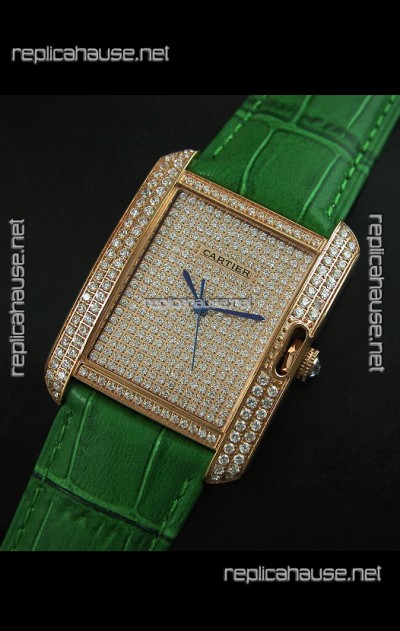Cartier Tank Anglaise Ladies Replica Watch in Gold Case/Green Strap