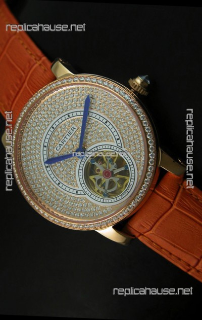 Ronde De Cartier Tourbillon Replica Watch Pink Gold Case - Brown Strap