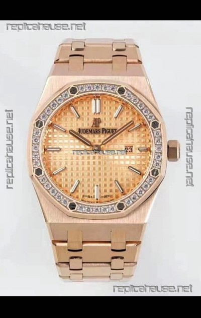 Audemars Piguet Royal Oak 33MM Rose Gold Casing Gold Dial 1:1 Mirror Replica Watch