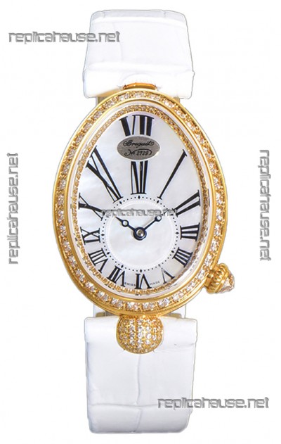Breguet Reine De Naples Ladies Yellow Gold White Leather Swiss 1:1 Edition Replica Watch