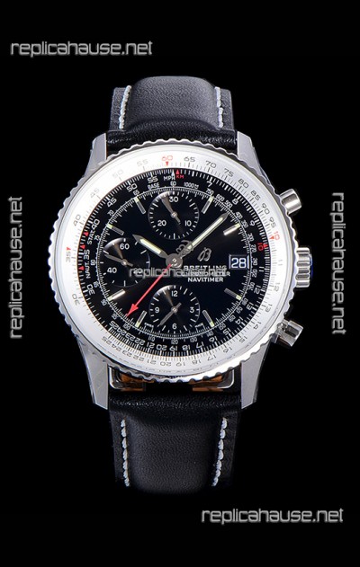 Breitling Navitimer 1 Chronograph 41MM Swiss Watch Black Dial in 904L Steel - Leather Strap