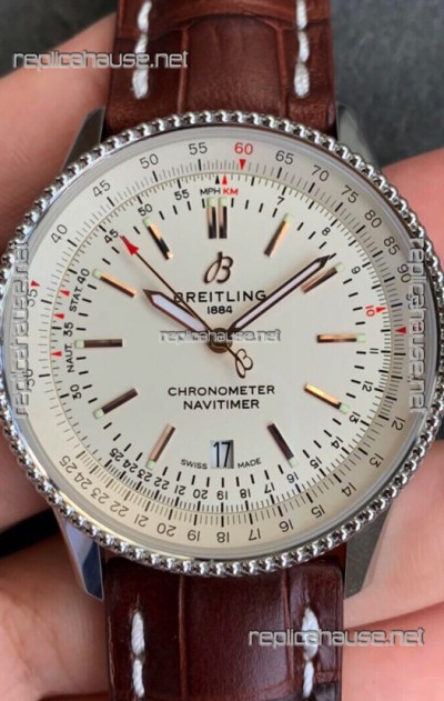 Breitling Navitimer 1 Automatic Swiss Replica Watch in White Dial - Brown Leather Strap