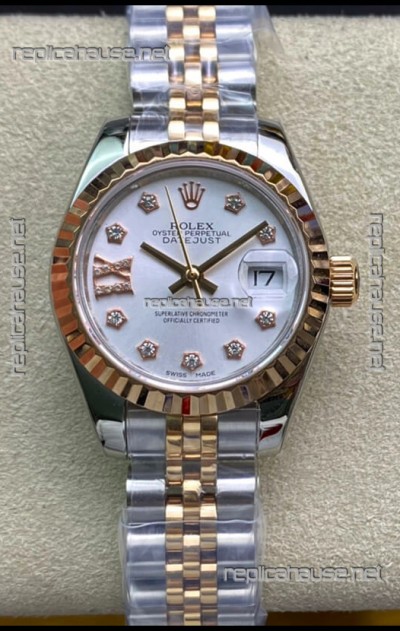 Rolex Datejust 28MM Swiss Replica in 904L Steel 2 Tone Rose Gold in White Dial - 1:1 Mirror Replica