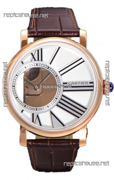 Rotonde De Cartier in Rose Gold Casing - Leather Strap Swiss Quartz Replica Watch 