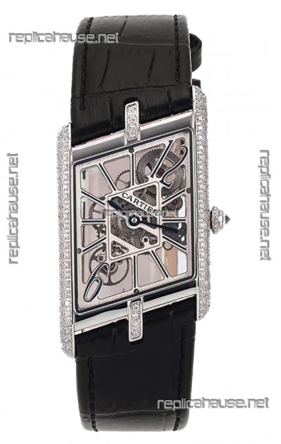Cartier Tank Asymétrique Stainless Steel Casing Diamonds Bezel Watch in Leather Strap Swiss Replica