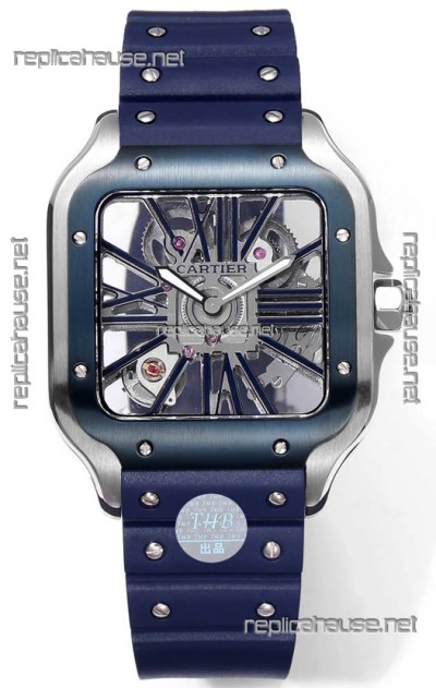 Santos De Cartier Watch in Skeleton Dial - Stainless Steel Casing Rubber Strap