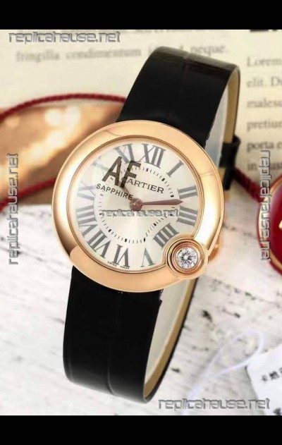 Ballon Blanc De Cartier Swiss Quartz Replica Watch in Rose Gold Casing Leather Strap 