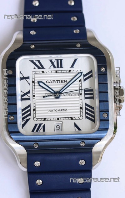 Santos De Cartier 1:1 Blue DLC Bezel Swiss Replica Watch 40MM - Rubber Strap