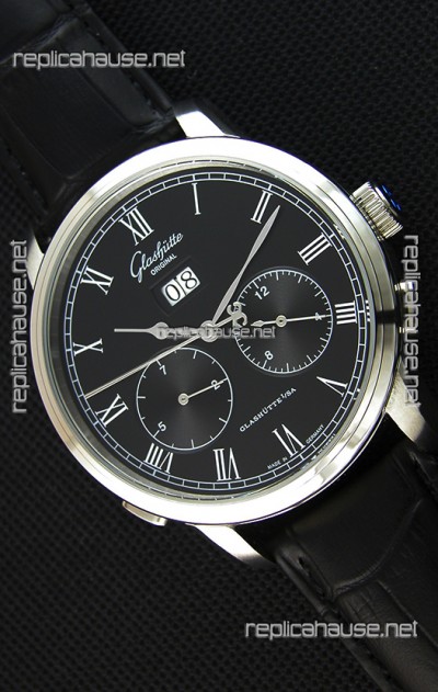 Glashuette Dual Sub Dial Japanese Replica Watch in Black Dial