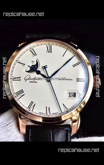 Glashuette Senator Excellence Panorama Date Moon Phase Pink Gold Swiss Watch