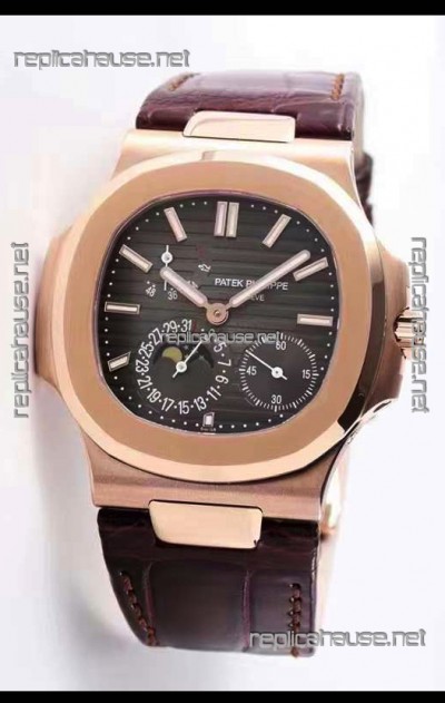 Patek Philippe Nautilus 5712/R 1:1 Quality Swiss Replica Watch in Brown Dial Leather Strap