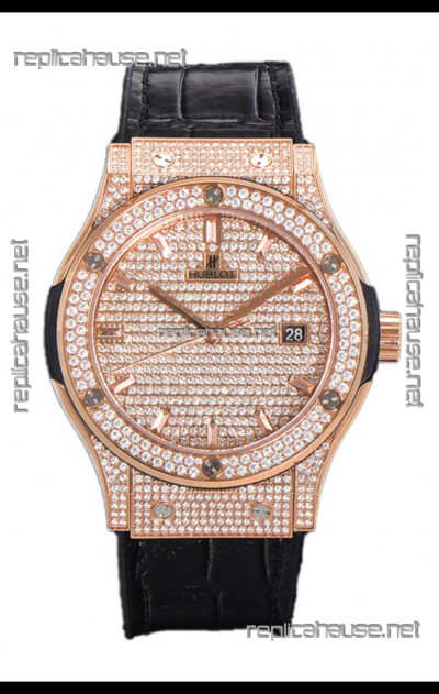 Hublot Classic Fusion Automatic Rose Gold Diamonds Paved Dial Grey Strap 42MM Superclone Replica Watch 