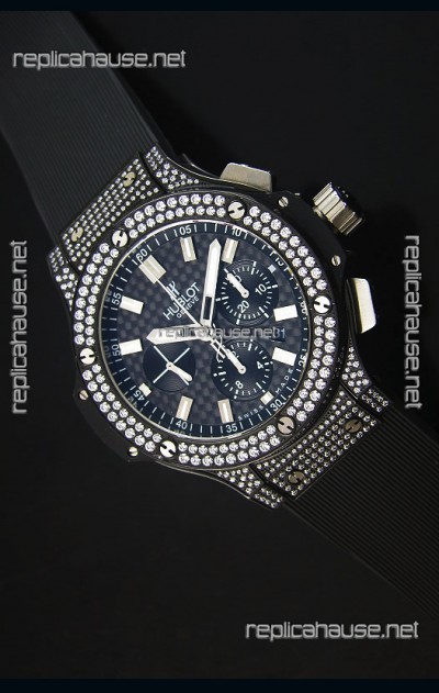 Hublot Big Bang Carbon Dial Diamonds Studded PVD Case Swiss Watch 