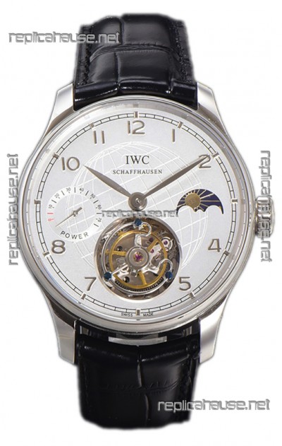 IWC Portugese Hand-Wound Genuine Tourbillon White Dial Steel Casing Swiss Replica Watch 