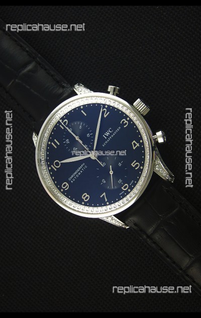 IWC Portuguese Chronograph Black Dial/Strap with Diamonds 1:1 Mirror Replica Watch