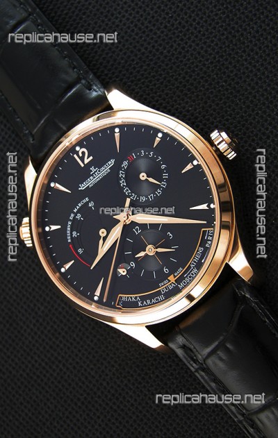 Jaeger LeCoultre Master Geographic Power Reserve Pink Gold Black Dial Swiss Replica Watch 