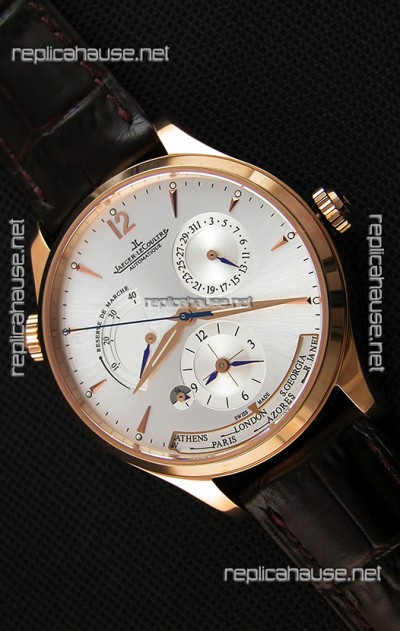 Jaeger LeCoultre Master Geographic Power Reserve Pink Gold Steel White Dial Swiss Replica Watch 