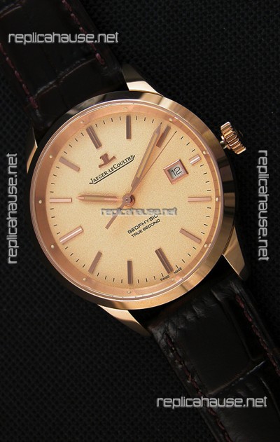 Jaeger LeCoultre Geophysic True Second Pink Gold Swiss Replica Watch Gold Dial 