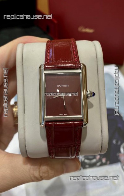 Must De Cartier Tank Edition Watch in 904L Stainless Steel Casing Maroon Dial