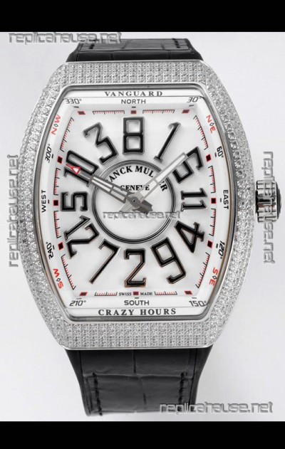 Franck Muller Vanguard Crazy Hours in Stainless Steel Diamonds - White Dial Swiss Replica Watch 