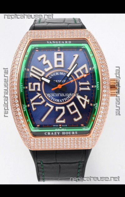 Franck Muller Vanguard Crazy Hours Rose Gold Diamonds - Steel Blue Dial Swiss Replica Watch 