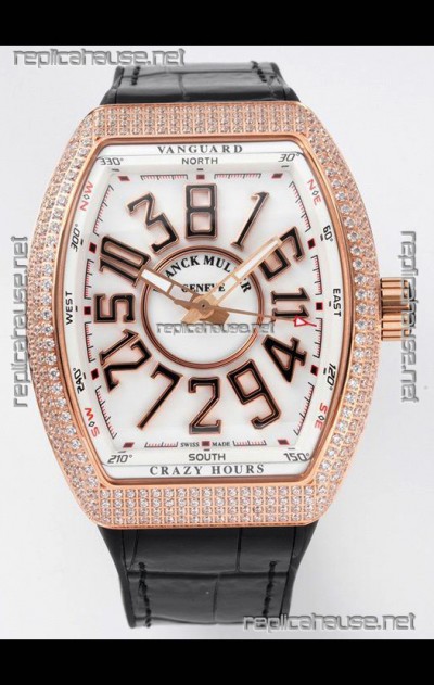 Franck Muller Vanguard Crazy Hours Rose Gold Diamonds - White Dial Swiss Replica Watch 