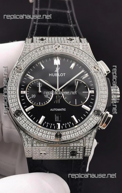 Hublot Classic Fusion Chronograph Steel Diamonds Casing Black Dial 1:1 Mirror Replica Watch 