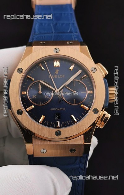 Hublot Classic Fusion Chronograph Rose Gold Casing Blue Dial  1:1 Mirror Replica Watch 