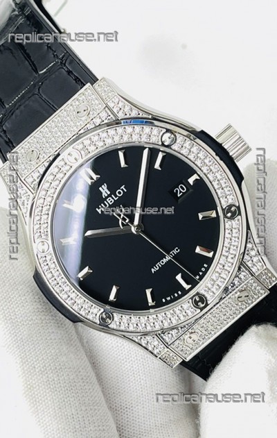 Hublot Classic Fusion Stainless Steel Diamonds Black Dial Swiss Replica Watch 1:1 Mirror Quality 