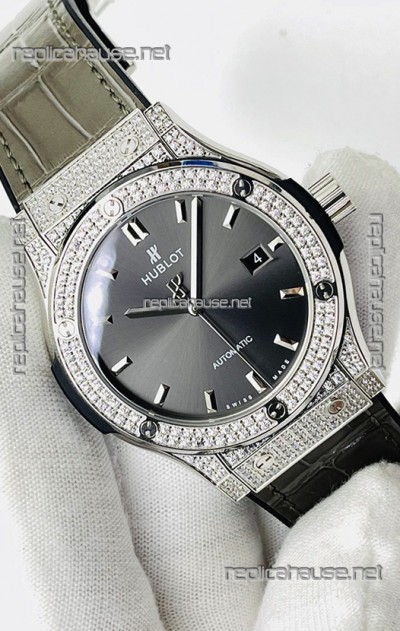 Hublot Classic Fusion Stainless Steel Diamonds Grey Dial Swiss Replica Watch 1:1 Mirror Quality 