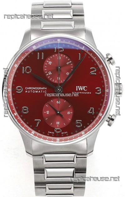 IWC Portuguese Chronograph Swiss Replica Watch in Steel Case Maroon Dial - 1:1 Mirror Replica Edition