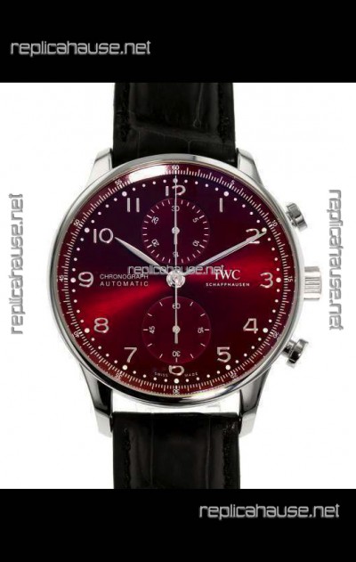 IWC Portuguese Chronograph Swiss Replica Watch in Steel Case Maroon Dial - 1:1 Mirror Replica Edition
