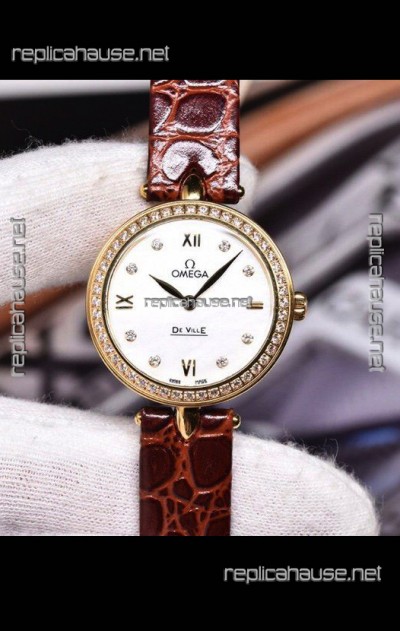 Omega De Ville Prestige Dewdrop Edition Swiss Quartz Watch in Rose Gold Brown Strap