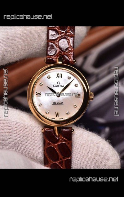 Omega De Ville Prestige Dewdrop Edition Swiss Quartz Watch in Rose Gold Brown Strap