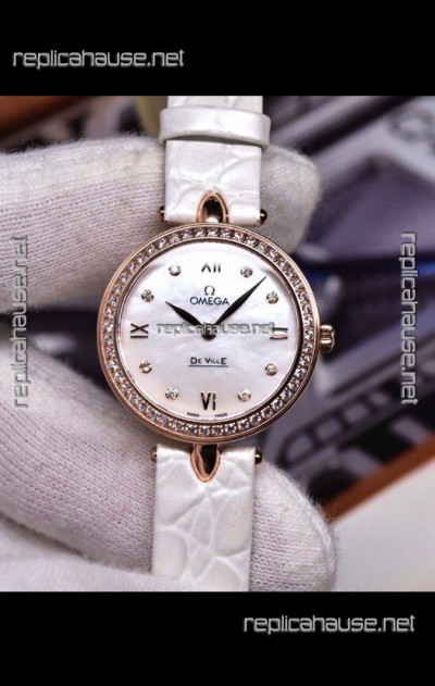 Omega De Ville Prestige Dewdrop Edition Swiss Quartz Watch in Rose Gold White Strap