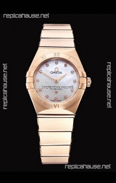 Omega Constellation Ladies Swiss Quartz 1:1 Mirror Replica - Rose Gold Casing White Pearl Dial