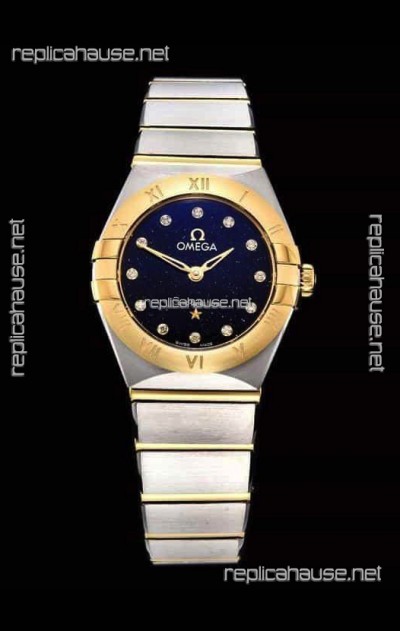 Omega Constellation Ladies Swiss Quartz 1:1 Mirror Replica - Two Tone Casing in Black Starry Dial 