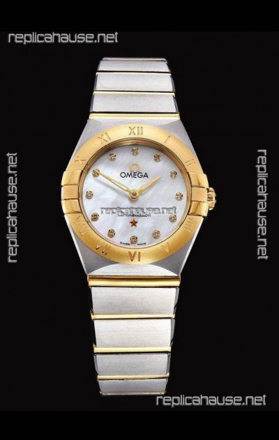 Omega Constellation Ladies Swiss Quartz 1:1 Mirror Replica - Two Tone Casing in White Pearl Dial
