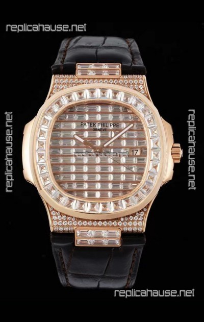 Patek Philippe Nautilus 5711/R Swiss Replica Watch 1:1 Mirror Replica in Rose Gold Diamonds Casing