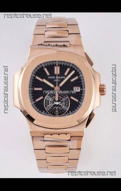 Patek Philippe Nautilus 5980/R Rose Gold 904L Steel Case in Black Dial - 1:1 Mirror Replica