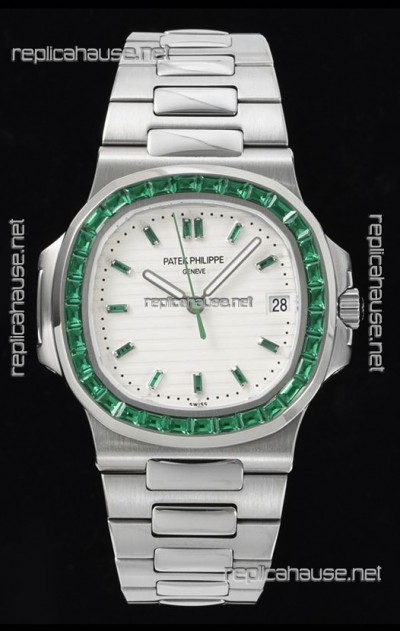 Patek Philippe Nautilus 5711 White Dial 1:1 Mirror Replica in 904L Steel with Rubies Bezel