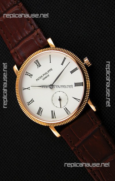 Patek Philippe Calatrava Japanese Mens Watch in Yellow Gold Case Brown Strap