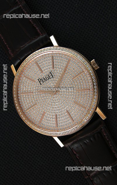 Piaget Altiplano G0A36128 Paved Diam Dial Swiss Quartz Replica Watch in Pink Gold Case