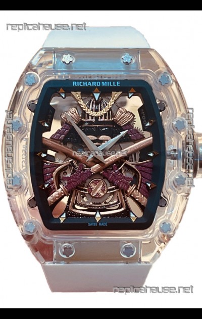 Richard Mille RM047 Samurai Genuine Tourbillon Watch White Strap in Sapphires Casing