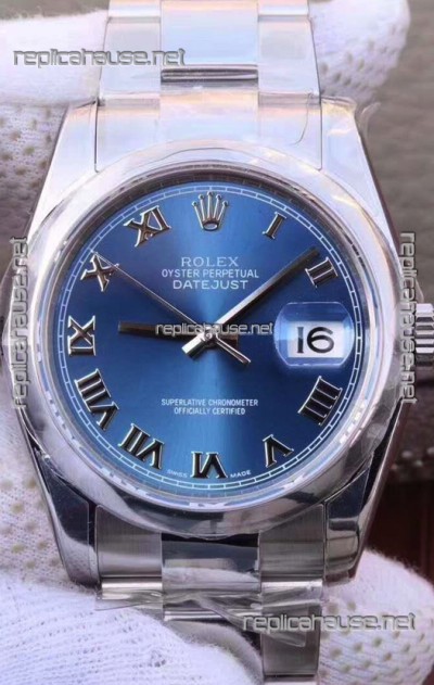 Rolex Datejust 36MM Cal.3135 Movement Swiss Replica Watch in 904L Steel Casing in Blue Roman Dial