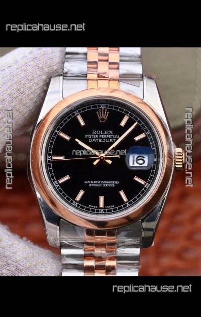 Rolex Datejust 36MM Cal.3135 Movement Swiss Replica Watch in 904L Steel Two Tone Casing Black Dial